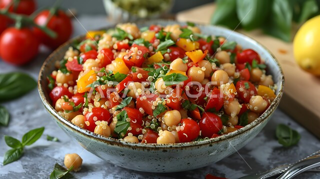 تقديم وجبات طعام صحية ومفيدة في المطاعم السعودية، أطعمة غنية بالفيتامينات، حمية غذائية للمحافظة على اللياقة البدنية، أطباق المقبلات العربية والمأكولات الشرقية، تبولة الكينوا المليئة بالخضراوات الطازجة والحمص