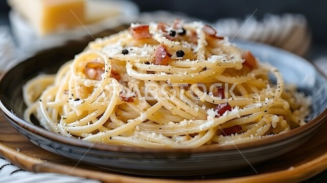 الأساليب الفنية في تقديم الطعام ،   وجبة من الباستا الشهية، مطاعم المأكولات السريعة، معكرونة كاربونارا كريمية مع جبن البارميزان والفلفل الأسود, أطباق ووجبات آسيوية شرقية