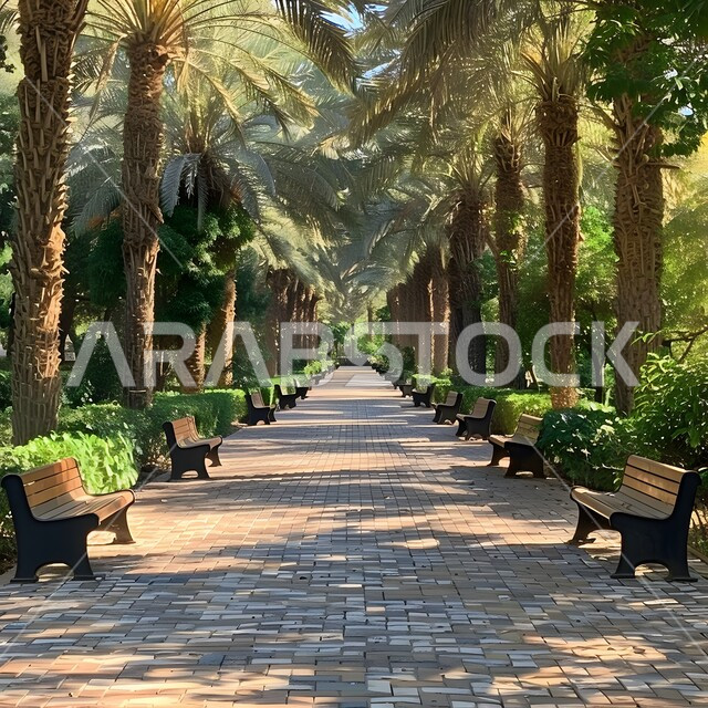 مفهوم التشجير والاهتمام في زراعه النباتات , قضاء أوقات ممتعه في إحدى المزارع في وقت الفراغ, ممر محاط بأشجار النخيل في الحديقة ,  مناظر طبيعية خلابة