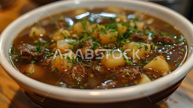 وجبة ذات قيمة غذائية عالية، فنون التقديم في مطاعم ومطابخ المملكة العربية السعودية، أطباق من المأكولات العربية التقليدية الشعبية، وصفات طعام شهية صحية لذيذة،  لقطة مقربة لطبق اللحم البقري والبطاطس اللذيذ