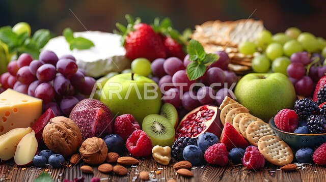 سفر وموائد عربية طبق فواكه وجبن ملون ولذيذ ، فطور صباحي على الطريقة السعودية، اطباق رئيسيه غنية بالعناصر الغذائية المهمة، الفن في تقديم الاطعمة في المطاعم الشرقية الخليجية