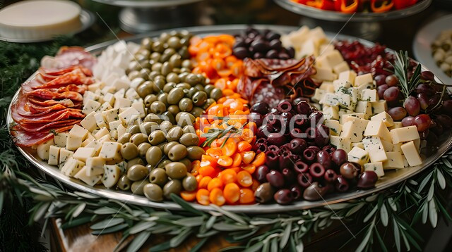 طبق كبير مليء بأصناف متنوعة ومختلفة من الأكلات اللذيذة، الأساليب الفنية في تقديم اللحومات الباردة والخضار  و الأجبان الطازجة، منتجات ومحاصيل زراعية وطنية محلية سعودية، سناكات و وجبات خفيفية شهية، أطعمة غنية بالفيتامينات والعناصر الغذائية المهمة