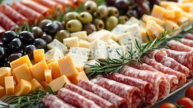 طبق كبير مليء بأصناف متنوعة ومختلفة من الأكلات اللذيذة، الأساليب الفنية في تقديم اللحومات الباردة والخضار  و الأجبان الطازجة، منتجات ومحاصيل زراعية وطنية محلية سعودية، سناكات و وجبات خفيفية شهية، أطعمة غنية بالفيتامينات والعناصر الغذائية المهمة