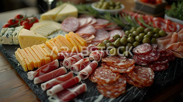A large plate filled with a variety of delicious foods, artistic methods of serving cold meats, fresh vegetables and fresh cheeses, local Saudi agricultural products and crops, delicious snacks and light meals, foods rich in vitamins and important nutrients