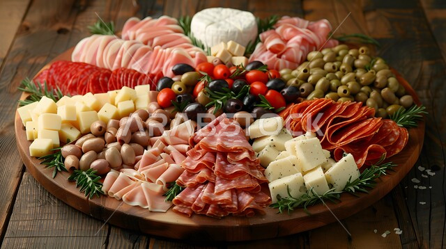 الأساليب الفنية في تقديم اللحومات الباردة والخضار  و الأجبان الطازجة، منتجات ومحاصيل زراعية وطنية محلية سعودية، طبق كبير مليء بأصناف متنوعة ومختلفة من الأكلات اللذيذة، سناكات و وجبات خفيفية شهية، أطعمة غنية بالفيتامينات والعناصر الغذائية المهمة