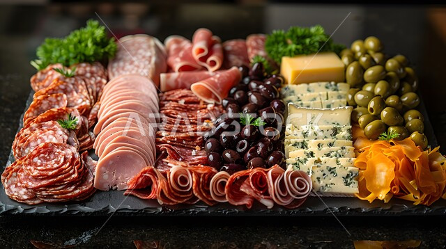 الأساليب الفنية في تقديم اللحومات الباردة والخضار  و الأجبان الطازجة، منتجات ومحاصيل زراعية وطنية محلية سعودية، طبق كبير مليء بأصناف متنوعة ومختلفة من الأكلات اللذيذة، سناكات و وجبات خفيفية شهية، أطعمة غنية بالفيتامينات والعناصر الغذائية المهمة