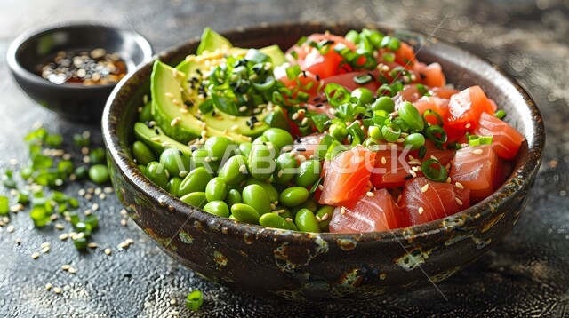 الوجبات المثالية للدايت والأنظمة الصحية، فنون تقديم قطع الخضروات المشكلة مع سمك السلمون، سلطات الأسماك والكائنات البحرية بالأعشاب، أطباق المقبلات الباردة اللذيذة، وصفات الطعام الصحي الغني بالفوائد والعناصر الغذائية، طبق من سلطة التونا بالخضار المتنوعة الملونة