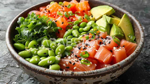 الوجبات المثالية للدايت والأنظمة الصحية، فنون تقديم قطع الخضروات المشكلة مع سمك السلمون، سلطات الأسماك والكائنات البحرية بالأعشاب، أطباق المقبلات الباردة اللذيذة، وصفات الطعام الصحي الغني بالفوائد والعناصر الغذائية، طبق من سلطة التونا بالخضار المتنوعة الملونة