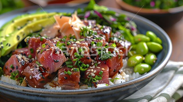 الوجبات المثالية للدايت والأنظمة الصحية، فنون تقديم قطع الخضروات المشكلة مع سمك السلمون، سلطات الأسماك والكائنات البحرية بالأعشاب، أطباق المقبلات الباردة اللذيذة، وصفات الطعام الصحي الغني بالفوائد والعناصر الغذائية، طبق من سلطة التونا بالخضار المتنوعة الملونة