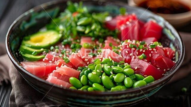 فنون تقديم قطع الخضروات المشكلة مع سمك السلمون، سلطات الأسماك والكائنات البحرية بالأعشاب، أطباق المقبلات الباردة اللذيذة، وصفات الطعام الصحي الغني بالفوائد والعناصر الغذائية، طبق من سلطة التونا بالخضار المتنوعة الملونة، الوجبات المثالية للدايت والأنظمة الصحية