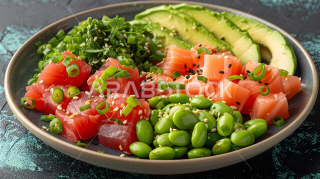 فنون تقديم قطع الخضروات المشكلة مع سمك السلمون، سلطات الأسماك والكائنات البحرية بالأعشاب، أطباق المقبلات الباردة اللذيذة، وصفات الطعام الصحي الغني بالفوائد والعناصر الغذائية، طبق من سلطة التونا بالخضار المتنوعة الملونة، الوجبات المثالية للدايت والأنظمة الصحية