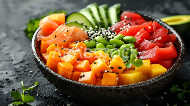 فنون تقديم قطع الخضروات المشكلة مع سمك السلمون، سلطات الأسماك والكائنات البحرية بالأعشاب، أطباق المقبلات الباردة اللذيذة، وصفات الطعام الصحي الغني بالفوائد والعناصر الغذائية، طبق من سلطة التونا بالخضار المتنوعة الملونة، الوجبات المثالية للدايت والأنظمة الصحية