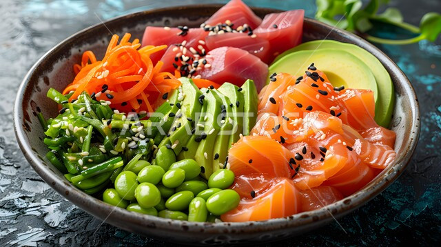 فنون تقديم قطع الخضروات المشكلة مع سمك السلمون، سلطات الأسماك والكائنات البحرية بالأعشاب، أطباق المقبلات الباردة اللذيذة، وصفات الطعام الصحي الغني بالفوائد والعناصر الغذائية، طبق من سلطة التونا بالخضار المتنوعة الملونة، الوجبات المثالية للدايت والأنظمة الصحية