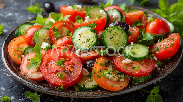  طبق من قطع الجبنة البيضاء بالأعشاب مع شرائح الطماطم والزيتون والخيار، السلطات المثالية للدايت والأنظمة الصحية، فنون تقديم سلطة الخضروات المشكلة بمكعبات الجبن الطازجة، أطباق المقبلات الباردة اللذيذة، وصفات الطعام الصحي الغني بالفوائد والعناصر الغذائية