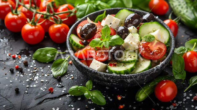  طبق من قطع الجبنة البيضاء بالأعشاب مع شرائح الطماطم والزيتون والخيار، السلطات المثالية للدايت والأنظمة الصحية، فنون تقديم سلطة الخضروات المشكلة بمكعبات الجبن الطازجة، أطباق المقبلات الباردة اللذيذة، وصفات الطعام الصحي الغني بالفوائد والعناصر الغذائية