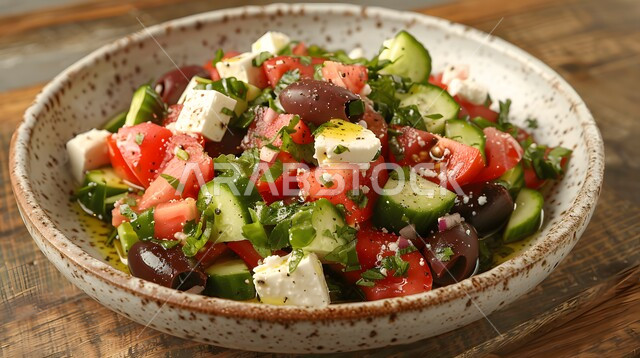  طبق من قطع الجبنة البيضاء بالأعشاب مع شرائح الطماطم والزيتون والخيار، السلطات المثالية للدايت والأنظمة الصحية، فنون تقديم سلطة الخضروات المشكلة بمكعبات الجبن الطازجة، أطباق المقبلات الباردة اللذيذة، وصفات الطعام الصحي الغني بالفوائد والعناصر الغذائية