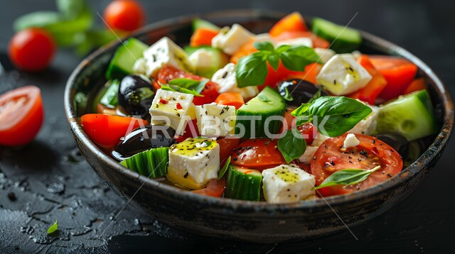  طبق من قطع الجبنة البيضاء بالأعشاب مع شرائح الطماطم والزيتون والخيار، السلطات المثالية للدايت والأنظمة الصحية، فنون تقديم سلطة الخضروات المشكلة بمكعبات الجبن الطازجة، أطباق المقبلات الباردة اللذيذة، وصفات الطعام الصحي الغني بالفوائد والعناصر الغذائية