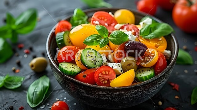 السلطات المثالية للدايت والأنظمة الصحية، فنون تقديم سلطة الخضروات المشكلة بمكعبات الجبن الطازجة، أطباق المقبلات الباردة اللذيذة، وصفات الطعام الصحي الغني بالفوائد والعناصر الغذائية، طبق من قطع الجبنة البيضاء بالأعشاب مع شرائح الطماطم والزيتون والخيار