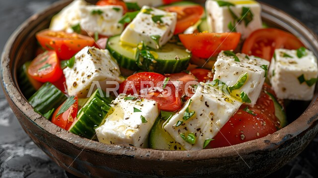 Ideal salads for diet and healthy regimens, the art of presenting mixed vegetable salad with fresh cheese cubes, delicious cold appetizer dishes, healthy food recipes rich in benefits and nutrients, a plate of white cheese slices with herbs with tomato slices, olives and cucumber