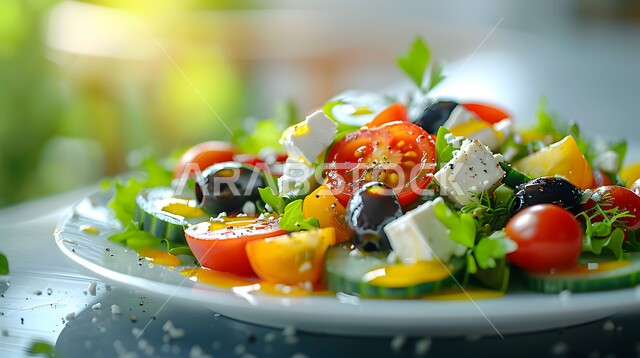 السلطات المثالية للدايت والأنظمة الصحية، فنون تقديم سلطة الخضروات المشكلة بمكعبات الجبن الطازجة، أطباق المقبلات الباردة اللذيذة، وصفات الطعام الصحي الغني بالفوائد والعناصر الغذائية، طبق من قطع الجبنة البيضاء بالأعشاب مع شرائح الطماطم والزيتون والخيار