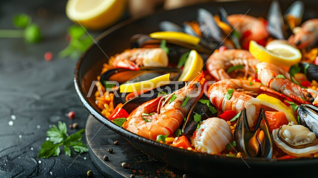 صحن من الأرز بقطع المحار والجمبري مع الخضروات المطبوخة المتبلة، فنون تقديم الأطعمة البحرية الغنية بالنكهات، وصفات وأطباق شعبية لذيذة، مطاعم للمأكولات العربية الخليجية السعودية المشهورة، طرق مميزة لتقديم الطعام البحري بمختلف أنواعه