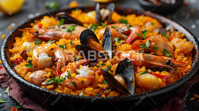 صحن من الأرز بقطع المحار والجمبري مع الخضروات المطبوخة المتبلة، فنون تقديم الأطعمة البحرية الغنية بالنكهات، وصفات وأطباق شعبية لذيذة، مطاعم للمأكولات العربية الخليجية السعودية المشهورة، طرق مميزة لتقديم الطعام البحري بمختلف أنواعه