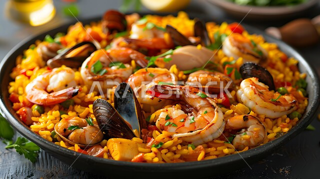 صحن من الأرز بقطع المحار والجمبري مع الخضروات المطبوخة المتبلة، فنون تقديم الأطعمة البحرية الغنية بالنكهات، وصفات وأطباق شعبية لذيذة، مطاعم للمأكولات العربية الخليجية السعودية المشهورة، طرق مميزة لتقديم الطعام البحري بمختلف أنواعه