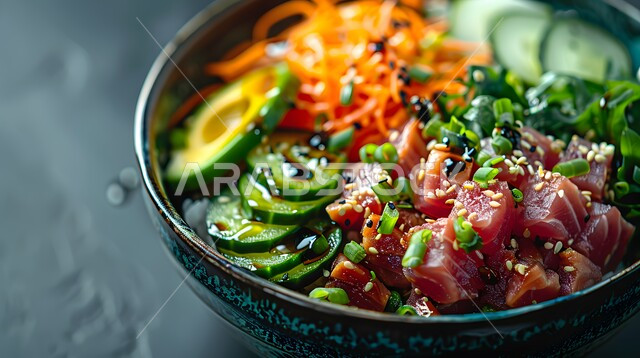 سلطات الأسماك والكائنات البحرية بالأعشاب، أطباق المقبلات الباردة اللذيذة، وصفات الطعام الصحي الغني بالفوائد والعناصر الغذائية، طبق من سلطة التونا بالخضار المتنوعة الملونة، فنون تقديم قطع الخضروات المشكلة مع سمك السلمون، الوجبات المثالية للدايت والأنظمة الصحية