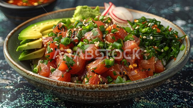 سلطات الأسماك والكائنات البحرية بالأعشاب، أطباق المقبلات الباردة اللذيذة، وصفات الطعام الصحي الغني بالفوائد والعناصر الغذائية، طبق من سلطة التونا بالخضار المتنوعة الملونة، فنون تقديم قطع الخضروات المشكلة مع سمك السلمون، الوجبات المثالية للدايت والأنظمة الصحية