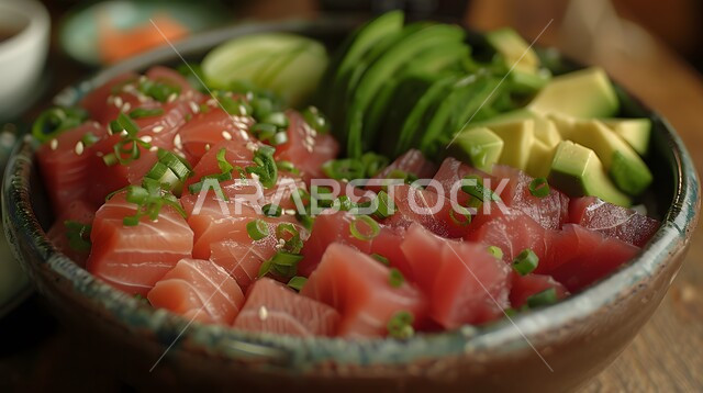 سلطات الأسماك والكائنات البحرية بالأعشاب، أطباق المقبلات الباردة اللذيذة، وصفات الطعام الصحي الغني بالفوائد والعناصر الغذائية، طبق من سلطة التونا بالخضار المتنوعة الملونة، فنون تقديم قطع الخضروات المشكلة مع سمك السلمون، الوجبات المثالية للدايت والأنظمة الصحية