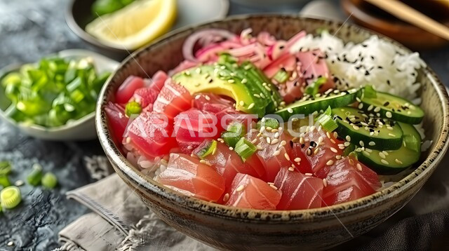 سلطات الأسماك والكائنات البحرية بالأعشاب، أطباق المقبلات الباردة اللذيذة، وصفات الطعام الصحي الغني بالفوائد والعناصر الغذائية، طبق من سلطة التونا بالخضار المتنوعة الملونة، فنون تقديم قطع الخضروات المشكلة مع سمك السلمون، الوجبات المثالية للدايت والأنظمة الصحية