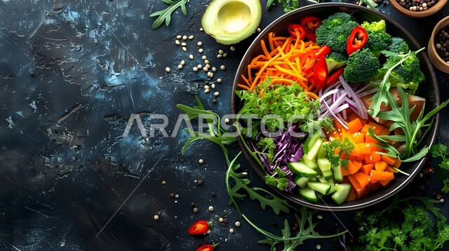 طبق سلطة من مختلف أنواع الخضروات الملونة الطازجة، الأساليب الفنية في تقديم المقبلات والسناكات في المطاعم السعودية، منتجات ومحاصيل زراعية وطنية محلية، وجبات خفيفة شهية، أطعمة الدايت والأنظمة الصحية، سلطات غنية بالفيتامينات والعناصر الغذائية المهمة