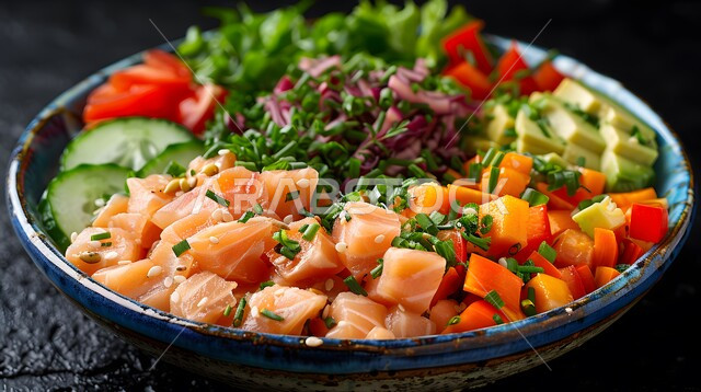 طبق من سلطة التونا بالخضار المتنوعة الملونة، وصفات الطعام الصحي الغني بالفوائد والعناصر الغذائية، أطباق المقبلات الباردة اللذيذة، سلطات الأسماك والكائنات البحرية بالأعشاب، فنون تقديم قطع الخضروات المشكلة مع سمك السلمون، الوجبات المثالية للدايت والأنظمة الصحية