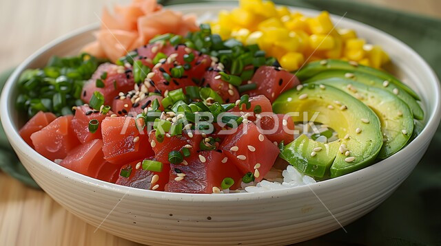 طبق من سلطة التونا بالخضار المتنوعة الملونة، وصفات الطعام الصحي الغني بالفوائد والعناصر الغذائية، أطباق المقبلات الباردة اللذيذة، سلطات الأسماك والكائنات البحرية بالأعشاب، فنون تقديم قطع الخضروات المشكلة مع سمك السلمون، الوجبات المثالية للدايت والأنظمة الصحية