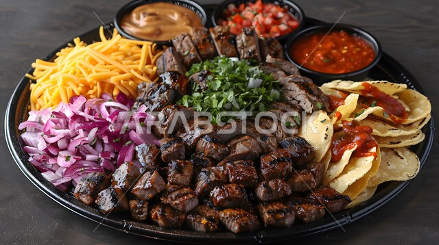 أصناف الولائم والعزائم الفاخرة، قطع اللحم المشوية المقدمة مع الصوصات والسلطات المتنوعة، وجبة مشاوي مقدمة مع أرغفة الخبز الساخنة، فنون التقديم في مطاعم ومطابخ المملكة العربية السعودية، أطباق من المأكولات العربية التقليدية الشعبية، وصفات طعام شهية صحية لذيذة