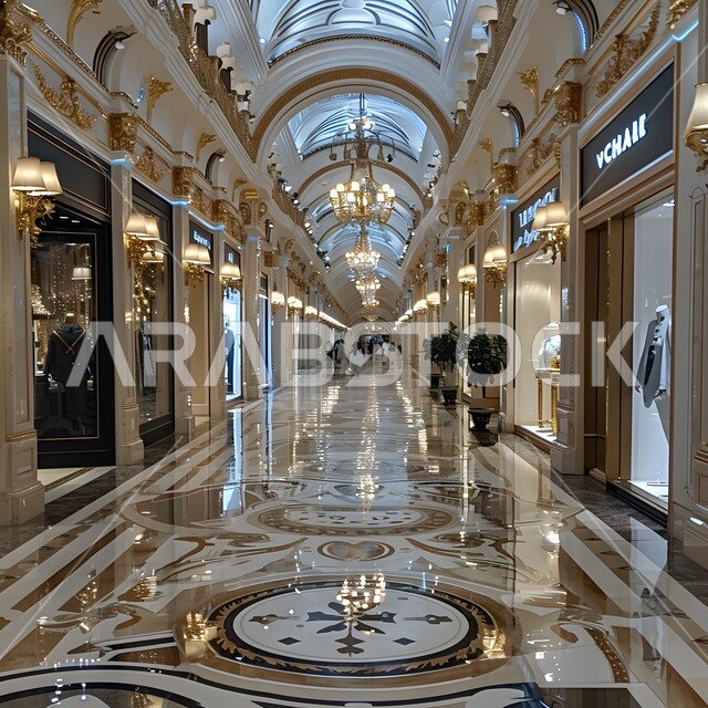 Marble designs with colorful engravings for the entrance of large shopping centers, architectural designs in the modern Arabic style, interior decorations for malls and closed markets in Saudi Arabia, harmonious distribution of shops on both sides of the long corridor, lighting and luxurious accessories