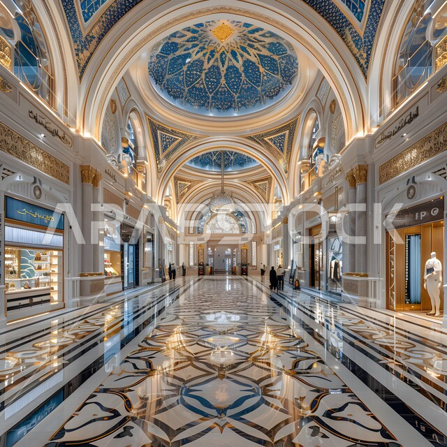  الديزاينات الرخامية بنقوش ملونة لمدخل المراكز التجارية الكبيرة، التصاميم المعمارية على الطراز العربي الحديث، الديكورات الداخلية للمولات والأسواق المغلقة في السعودية، توزع متناسق لمحلات البيع والشراء على جانبي الممر الطويل، الإضاءة والاكسسوارات الفاخرة