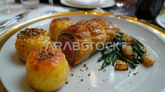 طبق من اللفائف المخبوزة المحشية باللحم البقري المشوي، المأكولات العربية الشرقية الشهية، فنون تقديم المعجنات والمخبوزات في مطاعم المملكة العربية السعودية، أطباق مميزة من المطبخ السعودي، قطع الخضار بالتوابل المشوية الغنية بالنكهات بجانب أصناف اللحومات الرئيسية