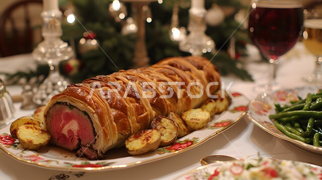 طبق من اللفائف المخبوزة المحشية باللحم البقري المشوي، المأكولات العربية الشرقية الشهية، فنون تقديم المعجنات والمخبوزات في مطاعم المملكة العربية السعودية، أطباق مميزة من المطبخ السعودي، قطع الخضار بالتوابل المشوية الغنية بالنكهات بجانب أصناف اللحومات الرئيسية