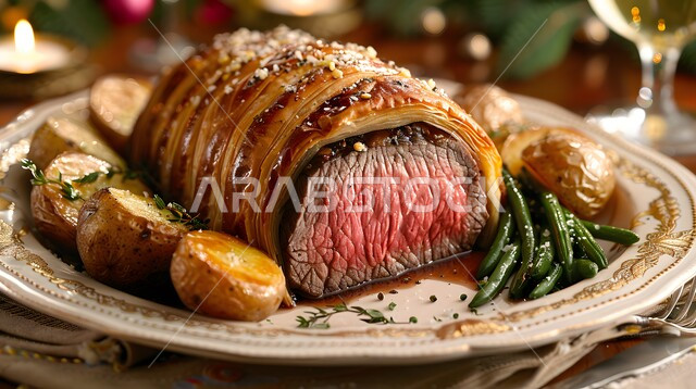 طبق من اللفائف المخبوزة المحشية باللحم البقري المشوي، المأكولات العربية الشرقية الشهية، فنون تقديم المعجنات والمخبوزات في مطاعم المملكة العربية السعودية، أطباق مميزة من المطبخ السعودي، قطع الخضار بالتوابل المشوية الغنية بالنكهات بجانب أصناف اللحومات الرئيسية