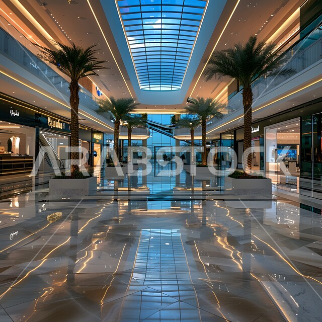 Interior decorations of malls and closed markets in Saudi Arabia, distinctive marble designs for the entrance of modern shopping centers, designs with large glass ceilings, harmonious distribution of sales and purchase shops, luxurious lighting and accessories, green palm trees placed on both sides of the long corridor