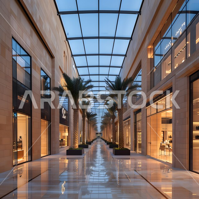 الديكورات الداخلية للمولات والأسواق المغلقة في السعودية، الديزاينات الرخامية المميزة لمدخل المراكز التجارية الحديثة، تصاميم بأسقف زجاجية كبيرة، توزع متناسق لمحلات البيع والشراء، الإضاءة والاكسسوارات الفاخرة، توضع شجيرات النخيل الخضراء على جانبي الممر الطويل