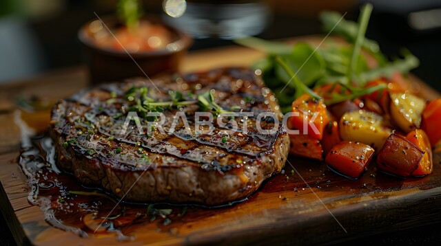 فنون التقديم في مطاعم الأكلات السريعة، وجبات لحوم الضأن الصحية، طبق من ستيك اللحم المشوي بالبهارات والأعشاب مع الخضروات اللذيذة، المأكولات العربية الشرقية الشهية، مأكولات وأطباق متميزة في مطابخ المملكة العربية السعودية، وصفات اللحومات المشوية الغنية بالنكهات