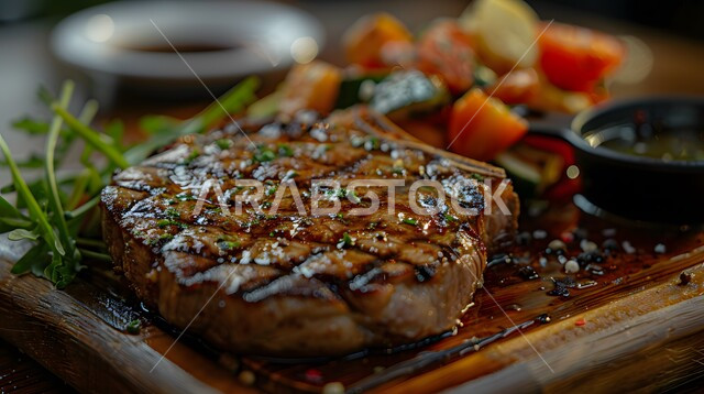 فنون التقديم في مطاعم الأكلات السريعة، وجبات لحوم الضأن الصحية، طبق من ستيك اللحم المشوي بالبهارات والأعشاب مع الخضروات اللذيذة، المأكولات العربية الشرقية الشهية، مأكولات وأطباق متميزة في مطابخ المملكة العربية السعودية، وصفات اللحومات المشوية الغنية بالنكهات