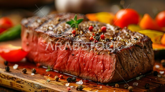 فنون التقديم في مطاعم الأكلات السريعة، وجبات لحوم الضأن الصحية، طبق من ستيك اللحم المشوي بالبهارات والأعشاب مع الخضروات اللذيذة، المأكولات العربية الشرقية الشهية، مأكولات وأطباق متميزة في مطابخ المملكة العربية السعودية، وصفات اللحومات المشوية الغنية بالنكهات