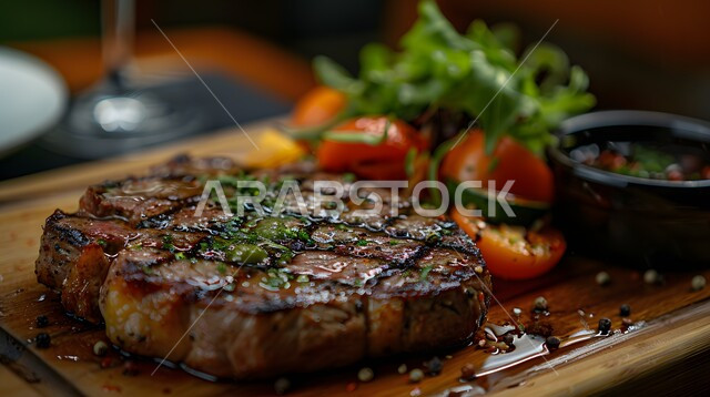 طبق من ستيك اللحم المشوي بالبهارات والأعشاب مع الخضروات اللذيذة، وجبات لحوم الضأن الصحية، المأكولات العربية الشرقية الشهية، فنون التقديم في مطاعم الأكلات السريعة، مأكولات وأطباق متميزة في مطابخ المملكة العربية السعودية، وصفات اللحومات المشوية الغنية بالنكهات