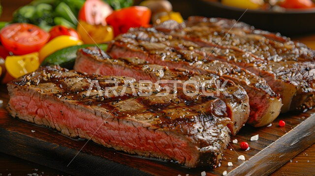 طبق من ستيك اللحم المشوي بالبهارات والأعشاب مع الخضروات اللذيذة، وجبات لحوم الضأن الصحية، المأكولات العربية الشرقية الشهية، فنون التقديم في مطاعم الأكلات السريعة، مأكولات وأطباق متميزة في مطابخ المملكة العربية السعودية، وصفات اللحومات المشوية الغنية بالنكهات