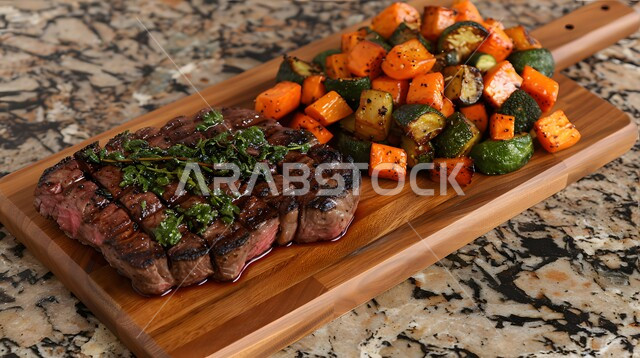 طبق من ستيك اللحم المشوي بالبهارات والأعشاب مع الخضروات اللذيذة، وجبات لحوم الضأن الصحية، المأكولات العربية الشرقية الشهية، فنون التقديم في مطاعم الأكلات السريعة، مأكولات وأطباق متميزة في مطابخ المملكة العربية السعودية، وصفات اللحومات المشوية الغنية بالنكهات