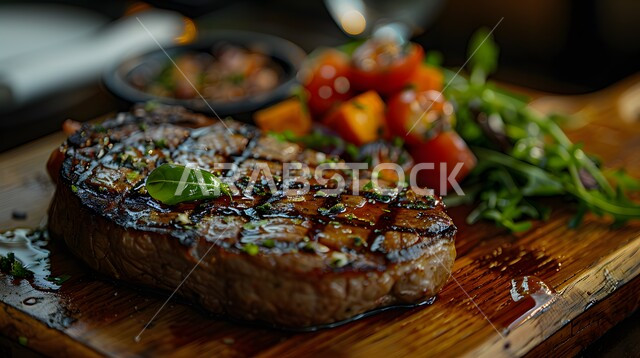 طبق من ستيك اللحم المشوي بالبهارات والأعشاب مع الخضروات اللذيذة، وجبات لحوم الضأن الصحية، المأكولات العربية الشرقية الشهية، فنون التقديم في مطاعم الأكلات السريعة، مأكولات وأطباق متميزة في مطابخ المملكة العربية السعودية، وصفات اللحومات المشوية الغنية بالنكهات