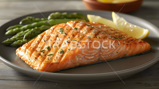 طبق فيليه سمك السلمون المشوي المدخن مع الأعشاب وشرائح الليمون المنعشة، وجبات الطعام الشهية الشرقية، فنون التقديم في مطاعم المملكة العربية السعودية، وصفات وأطباق لذيذة للمأكولات البحرية، مهارة إعداد الأصناف المتنوعة من الأسماك في المطبخ السعودي